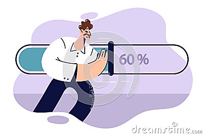 Man pushes loading scale trying to improve speed of downloading files from internet or local network Vector Illustration