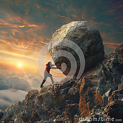 A man pushes a stone uphill. Backbreaking work. The path to success Cartoon Illustration