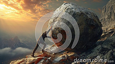 A man pushes a stone uphill. Backbreaking work. The path to success Cartoon Illustration