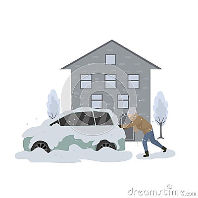 Man pushes stuck in snow and ice car during blizzard Vector Illustration