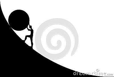 Man pushing big boulder uphill. Vector cartoon silhouette in flat design isolated on white background Vector Illustration