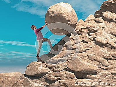 Man pushing a big the sphere of stone to the top of the mountain Stock Photo