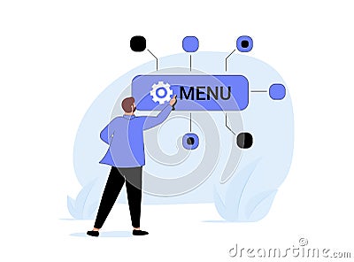 Man pushing gearwheel button and looking at dropdown menu. Concept of range of options, choosing between features. Vector Illustration