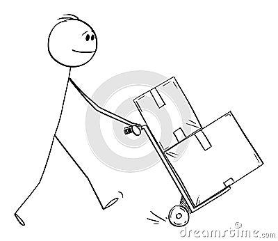 Man Pushing Hand Truck, Concept of Delivery, Logistic or Moving. Vector Cartoon Stick Figure Illustration Vector Illustration