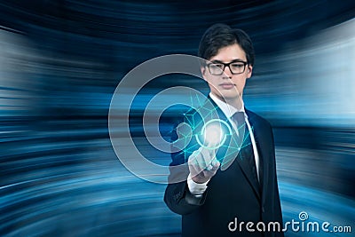 Man pushing interface Stock Photo