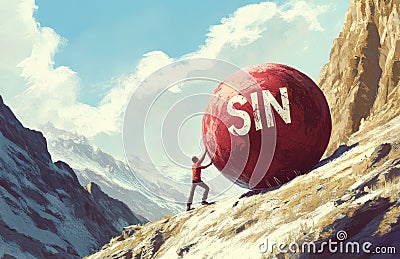 A man is pushing a large ball with the word SIN on it. Generative AI. Stock Photo