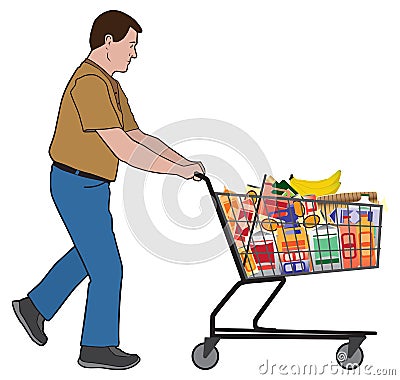 Man Pushing Loaded Shopping Cart Vector Illustration