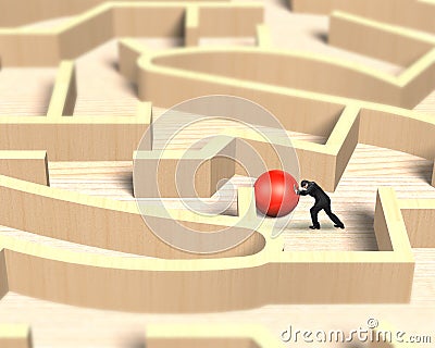 Man pushing red ball in wooden maze game Stock Photo