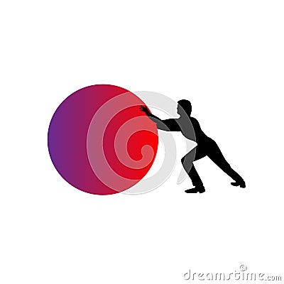 Man pushing a red sphere, ball or orb - isolated over a white background. Artless object. Vector Illustration