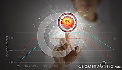 Man pushing the start button, engine performance graph, horsepower check, engine torque check, engine maintenance Stock Photo