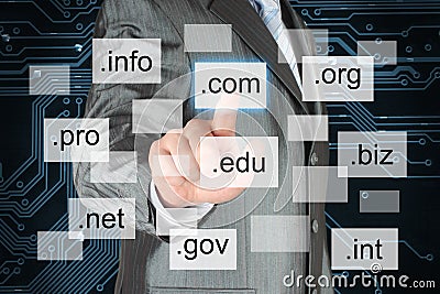 Man pushing virtual domain name Stock Photo