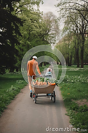 A man pushing a wagon filled with carrots down a road. AI generative image. Stock Photo