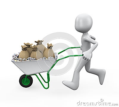 Man Pushing a Wheelbarrow Full of Money Stock Photo