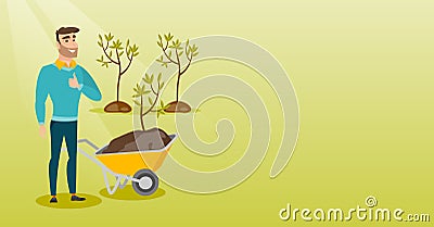 Man pushing wheelbarrow with plant. Vector Illustration
