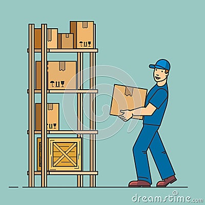 The man puts box on rack. The courier works at warehouse. Delivery service. Vector outline flat illustration Vector Illustration