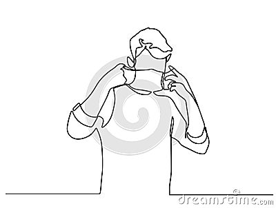 Man puts on a mask. Single line drawing of young man wearing mask. Hygienic mask to prevent infection, airborne respiratory Stock Photo