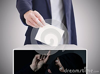 Man putting a ballot into a voting box. Thief Inside a Box Stealing Voting Ballot. Stock Photo