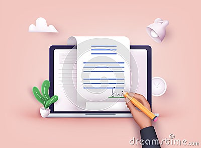 Man putting esignature into legal document. Digital signature concept. Businessman signing an agreement or contract online. 3D Web Vector Illustration