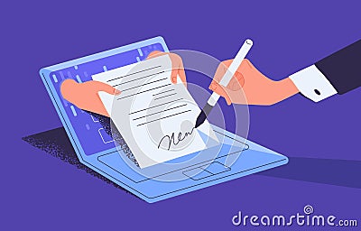 Man putting esignature into legal document. Digital signature concept. Businessman signing an agreement or contract Vector Illustration