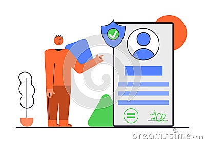 Man putting esignature into legal document in the phone. Digital signature concept. Businessman signing an agreement or contract Cartoon Illustration