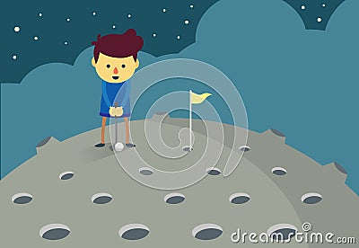 Man putting a golf ball hole on the moon. Vector Illustration