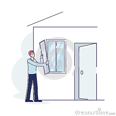 Man putting mosquito net on window to protect home from insects outdoors Vector Illustration