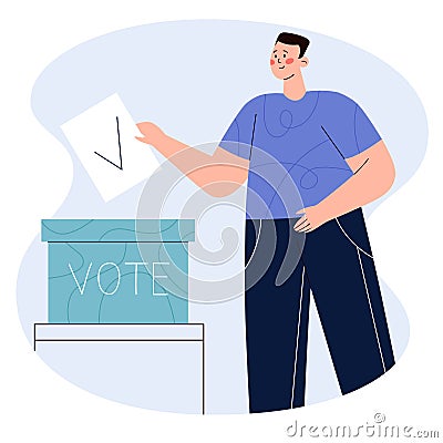 Man putting vote paper into ballot box. Concept of election, voting, democratic and politic Vector Illustration