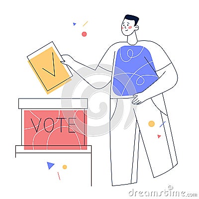 Man putting vote paper into ballot box. Concept of election, voting, democratic and politic Vector Illustration