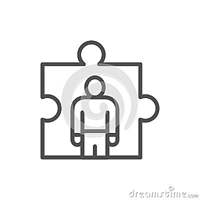 Man in a puzzle, human resource management, recruitment and hiring line icon. Vector Illustration