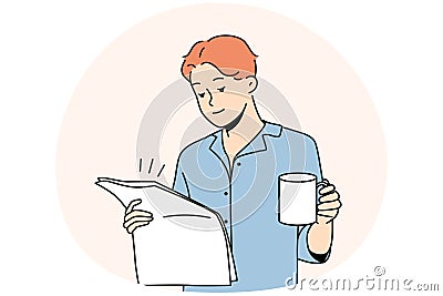 Man in pyjama drink coffee read newspaper Vector Illustration