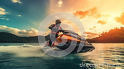 Man quickly rushes on jet ski on waves On Sunset. Entertainment for rest of sea resort. Water transport, extreme sports Stock Photo