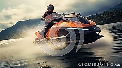 Man quickly rushes on jet ski on waves On Sunset. Entertainment for rest of sea resort. Water transport, extreme sports Stock Photo