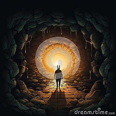 Man in a rabbit hole walking in a dark cave following a Bitcoin logo Stock Photo