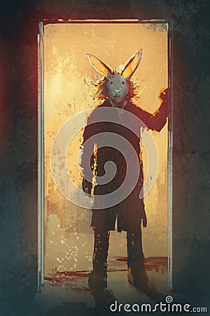 Man with rabbit mask standing at the door Cartoon Illustration