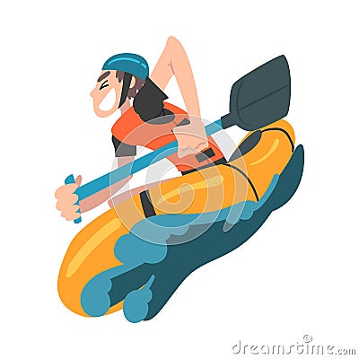 Man Rafting on Mountain River in Inflatable Boat, Extreme Hobby or Sport, Tourism and Recreational Activity Cartoon Vector Illustration