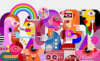 Man with a rainbow from his head rides a geometric bird Vector Illustration