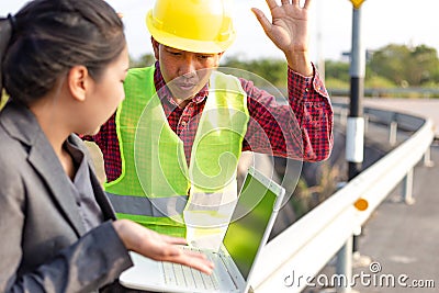 A man raise hands up for give up..Foreman afraid manager at site construction Stock Photo