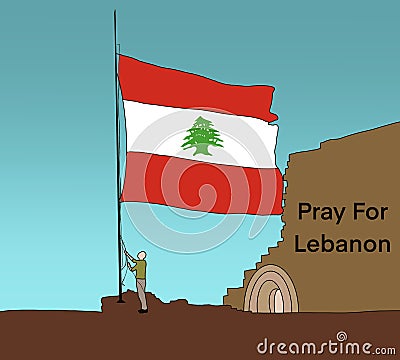 Man raise the Lebanon flag on a pole, waving on blue sky background.Massive explosion on Beirut. concept of praying, mourn, humani Stock Photo