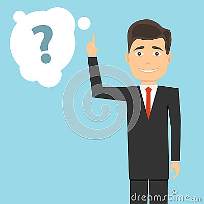 A man with a raised index finger and a question mark. A man pondering the problem. Cartoon Illustration