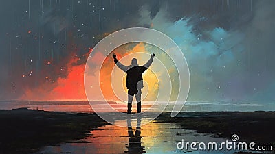 Man raising arms in the rain at night Cartoon Illustration