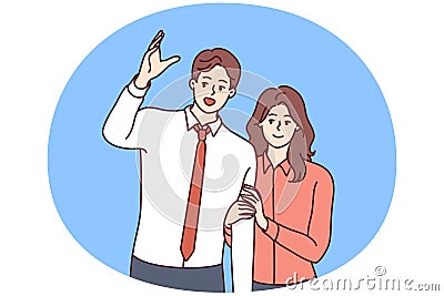 Man raising hand wanting to be noticed and modest smiling woman standing behind. Vector image Vector Illustration