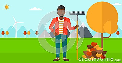 Man with rake near tree and heap of leaves. Vector Illustration