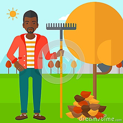 Man with rake near tree and heap of leaves. Vector Illustration