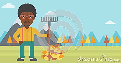 Man with rake standing near heap of autumn leaves. Vector Illustration