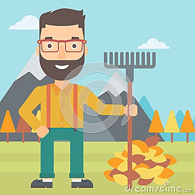 Man with rake standing near heap of autumn leaves. Vector Illustration