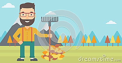 Man with rake standing near heap of autumn leaves. Vector Illustration