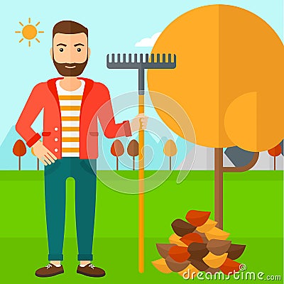 Man with rake standing near tree and heap of autumn leaves. Vector Illustration