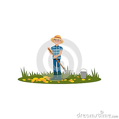 Man raking autumn leaves on green meadow. Gardening equipment bucket and rake. Farmer in shirt, pants and straw hat Vector Illustration