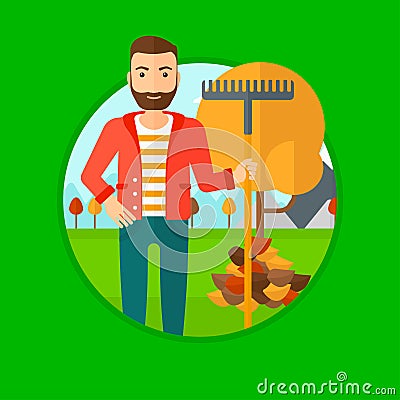 Man raking autumn leaves. Vector Illustration