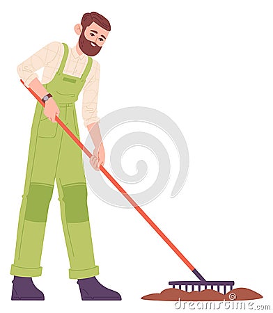 Man raking ground. Soil work gardener tool Vector Illustration